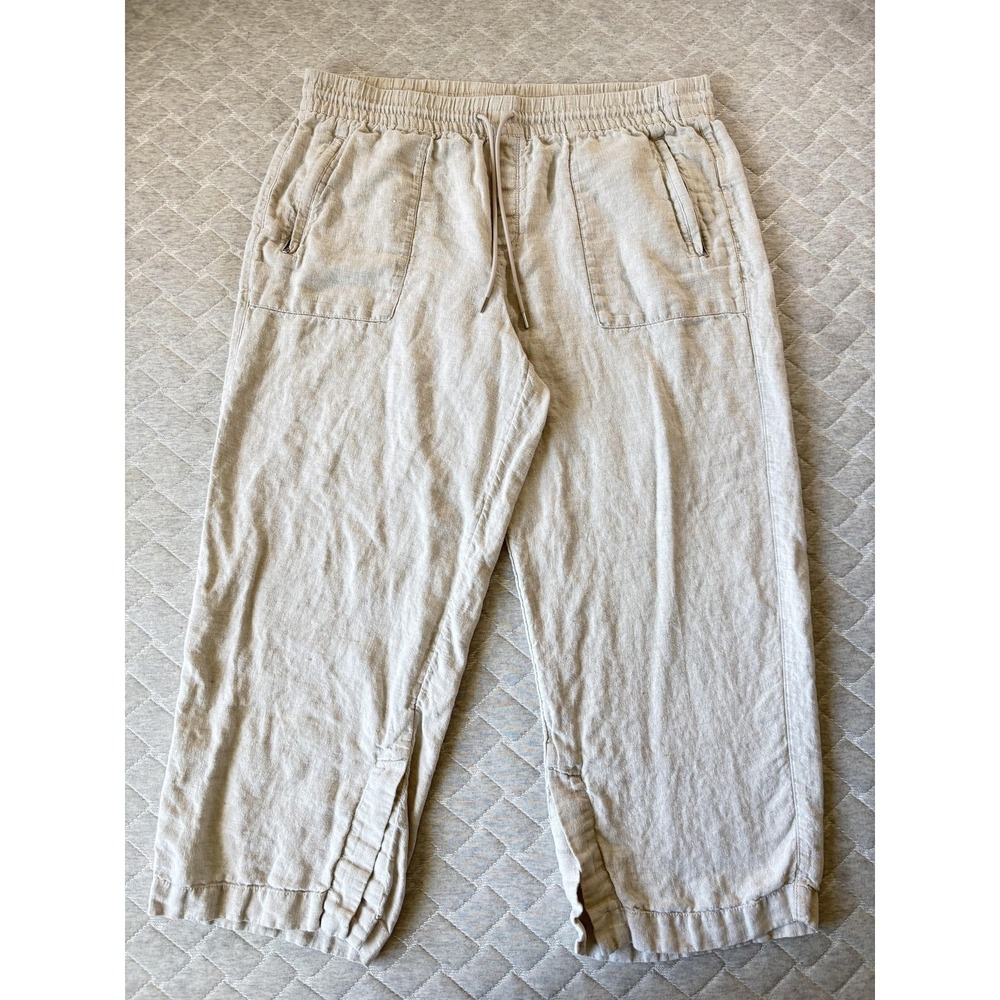 Athleta Pants Womens 1X Beige 100% Linen Cropped Elastic Waist Slit Hem Summer